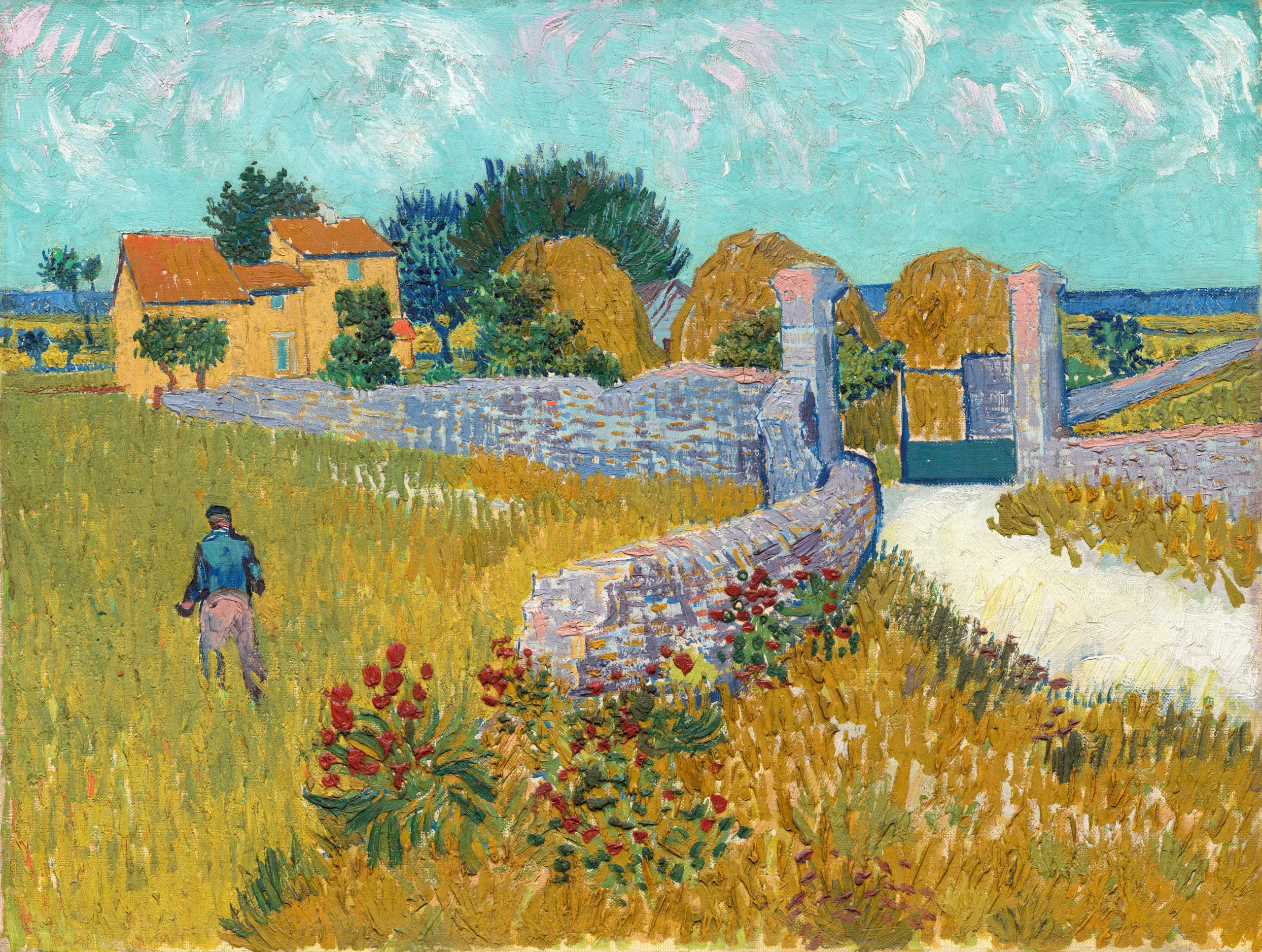 Farmhouse in Provence by Vincent van Gogh. A golden wheat field and farmhouse under a blue sky.